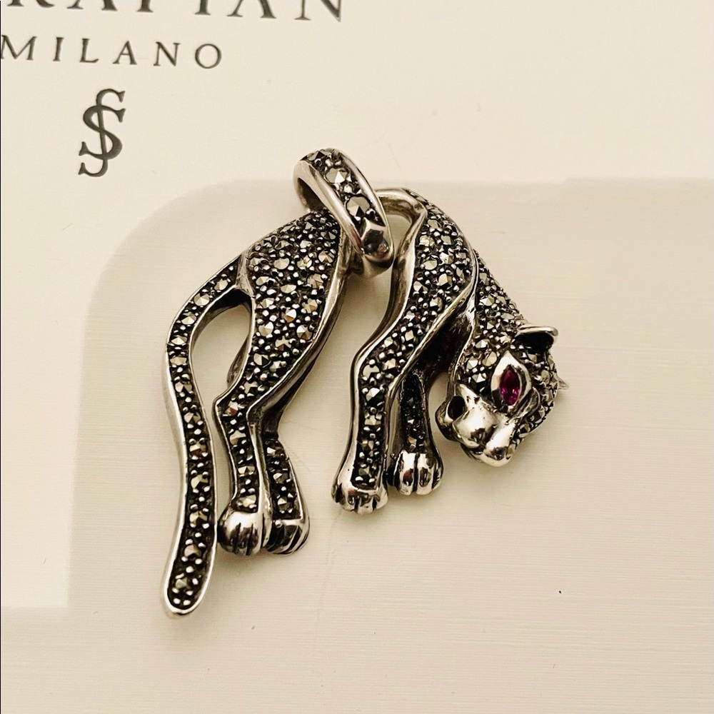 Panther/ Jaguar Pendant. Sterling Silver, Marcasite and Ruby